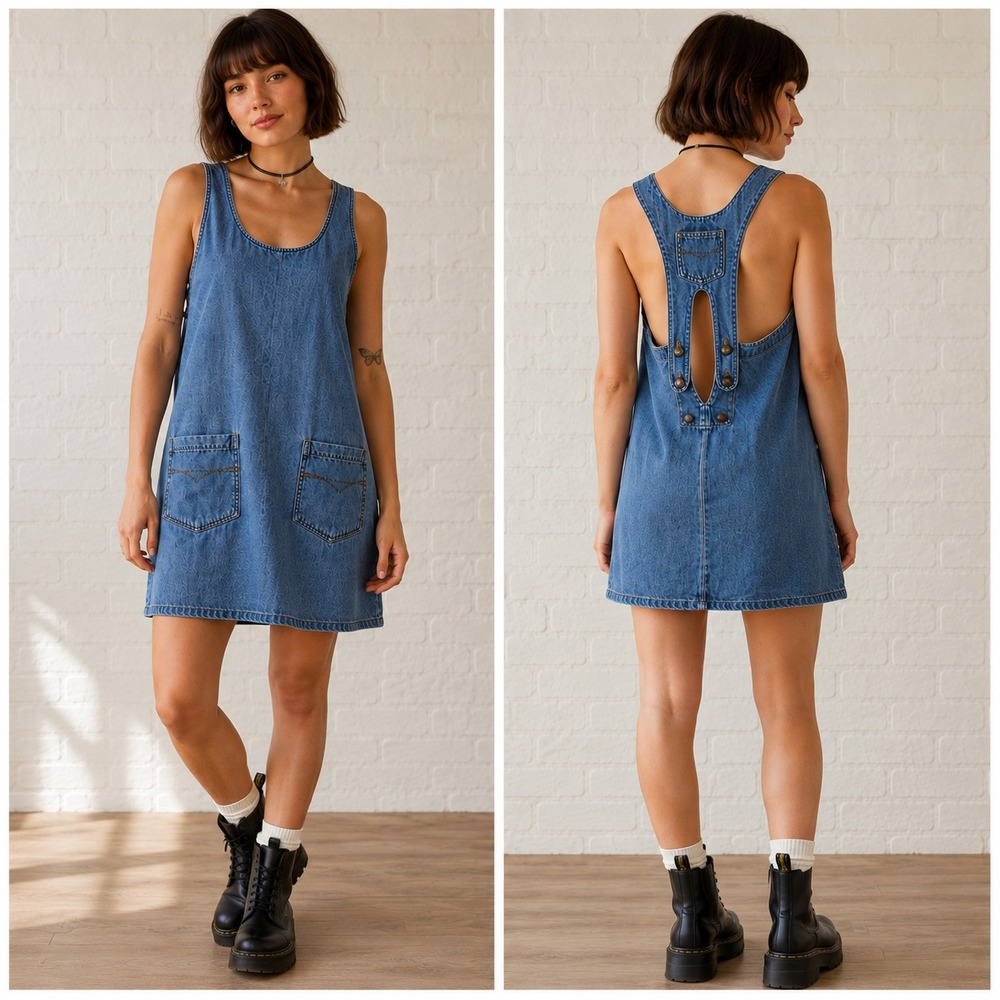 Vintage 90s At Last & Co. Denim Overall Dress Keyhole Back Jumper Grunge Medium